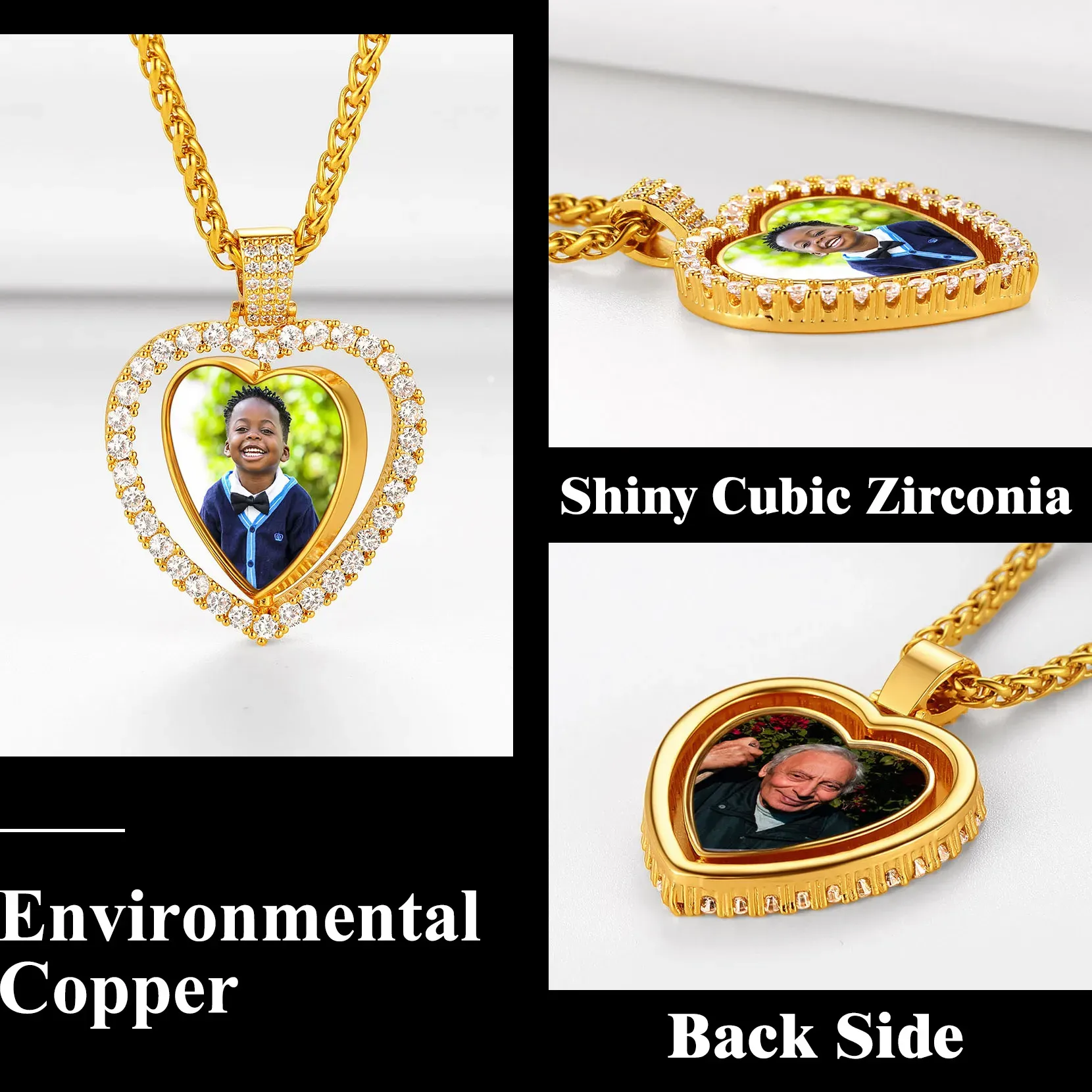 Collier Pendentif Cœur Personnalisé avec Photo et Strass en Cuivre