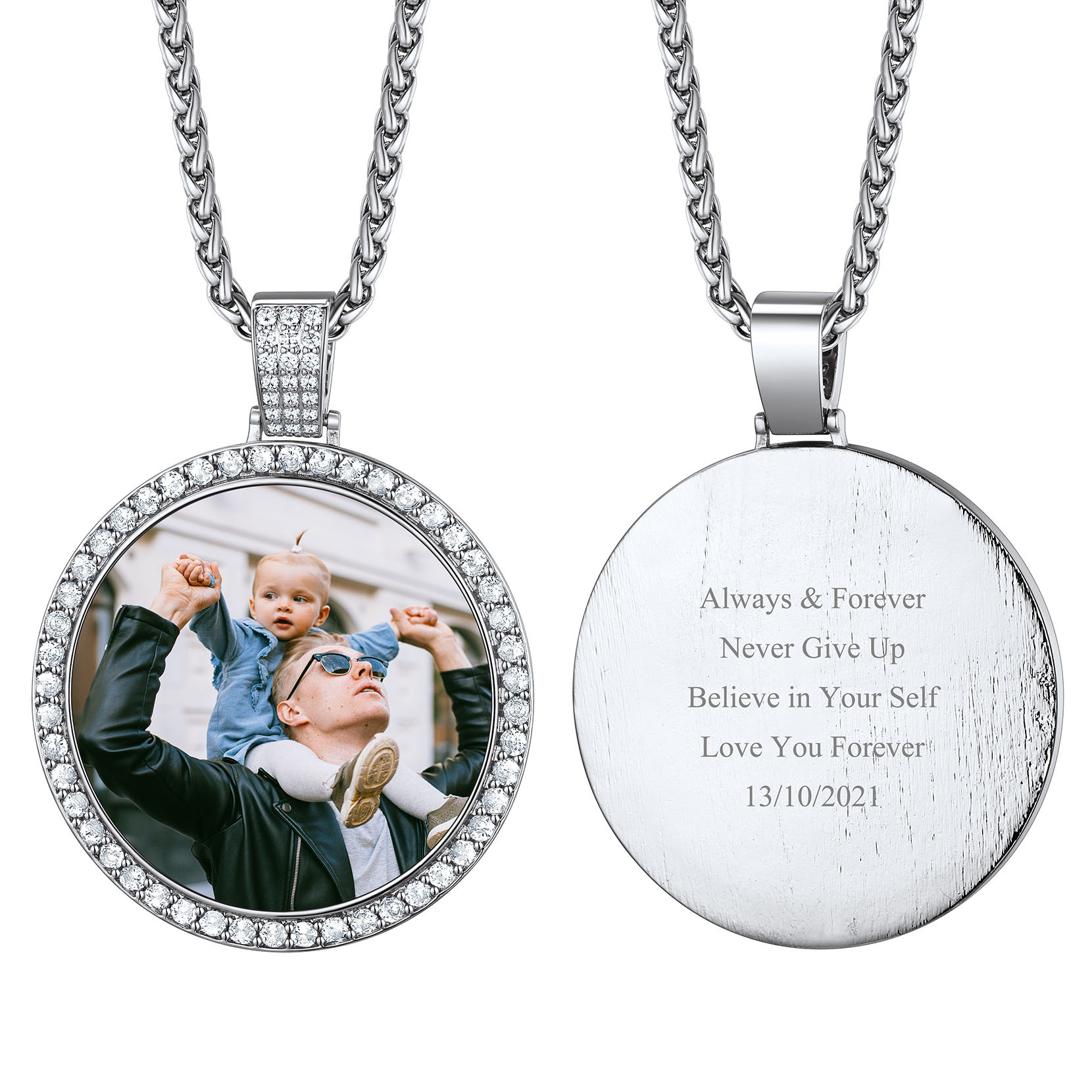 Collier Pendentif Personnalisé avec Photo et Zircon Cubique pour Hommes et Femmes Argenté