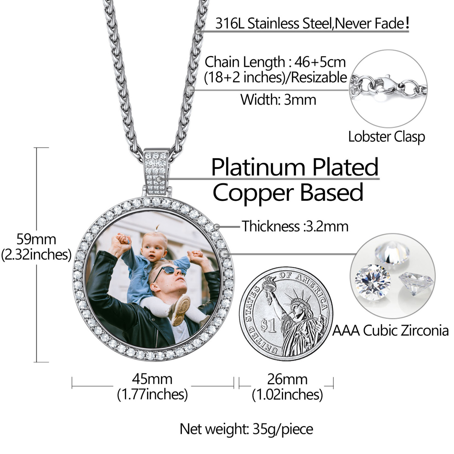 Collier Pendentif Personnalisé avec Photo et Zircon Cubique pour Hommes et Femmes Taille