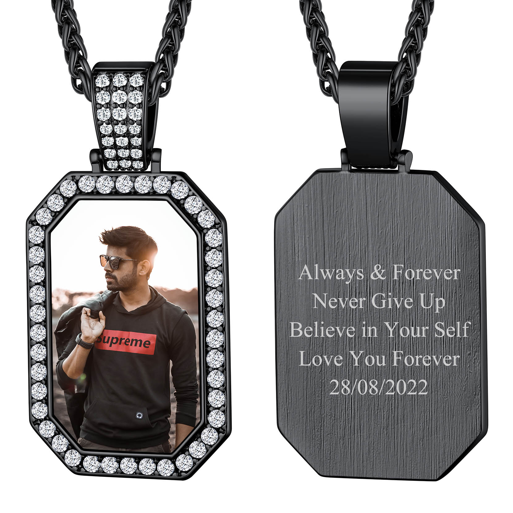 Collier Personnalisé Plaque Militaire Gravé Photo pour Homme Noir
