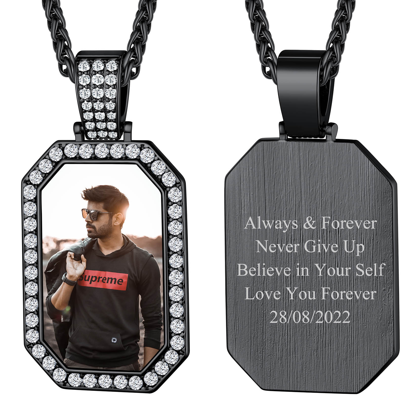 Collier Personnalisé Plaque Militaire Gravé Photo pour Homme Noir