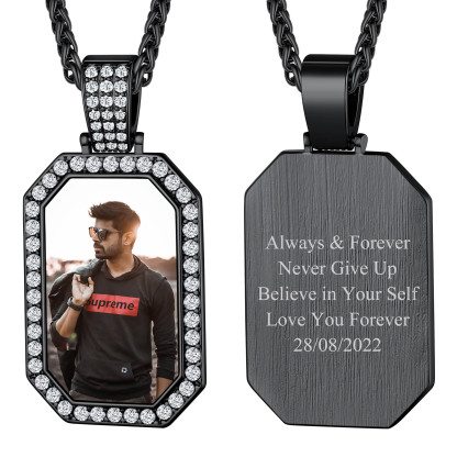 Collier Personnalisé Plaque Militaire Gravé Photo pour Homme Noir