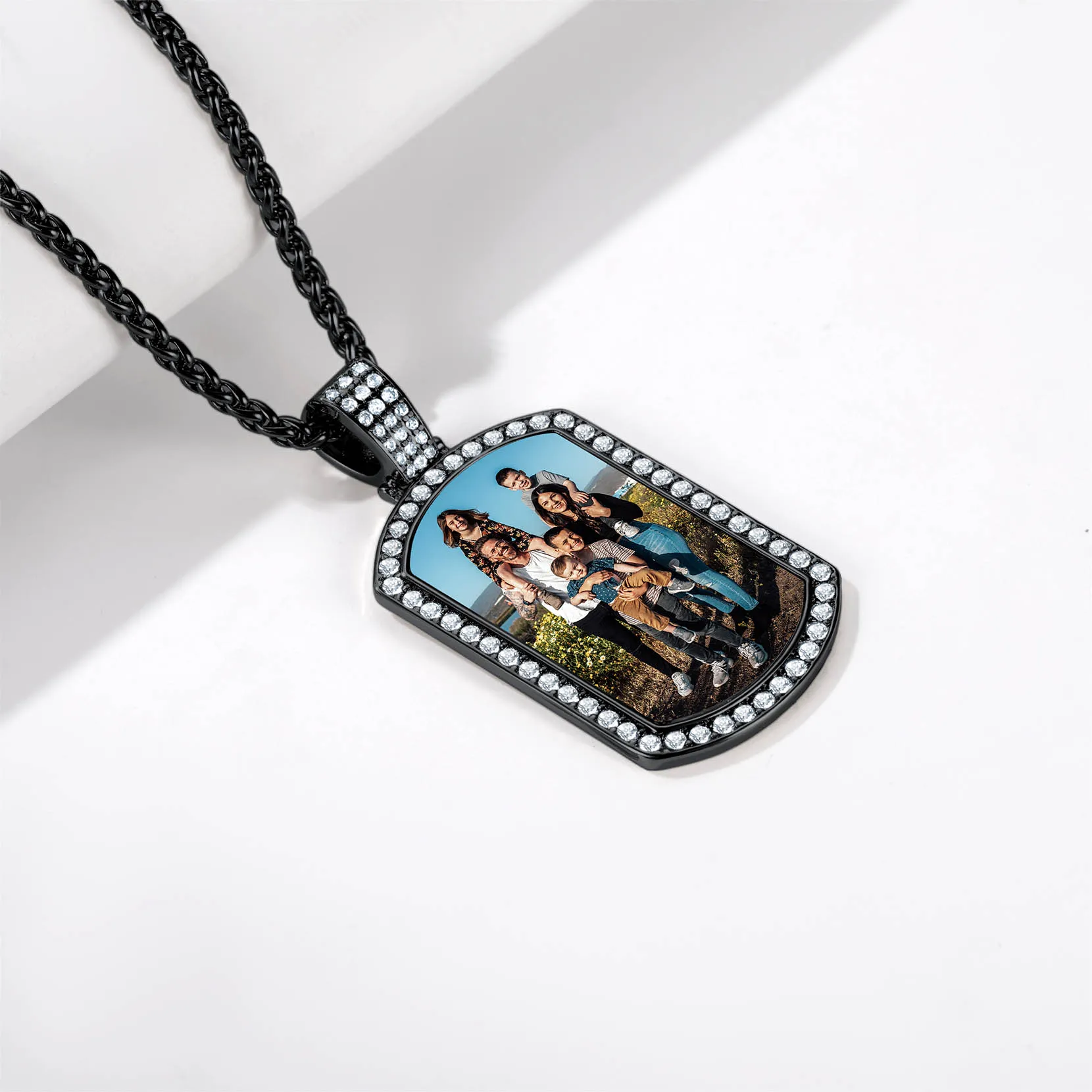 Collier Pendentif Plaque Militaire Photo Personnalisée avec Zirconium Noir