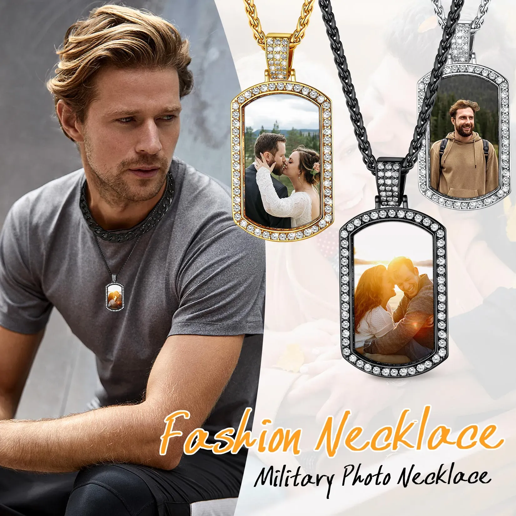 Collier Pendentif Plaque Militaire Photo Personnalisée avec Zirconium Collection