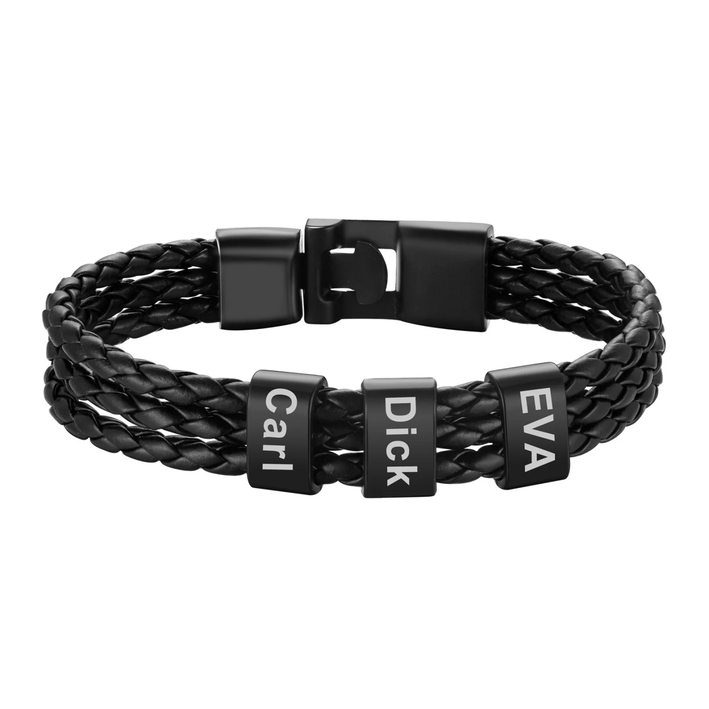 Bracelet en Cuir Homme  Personnalisé 3 Prénoms Gravé noir