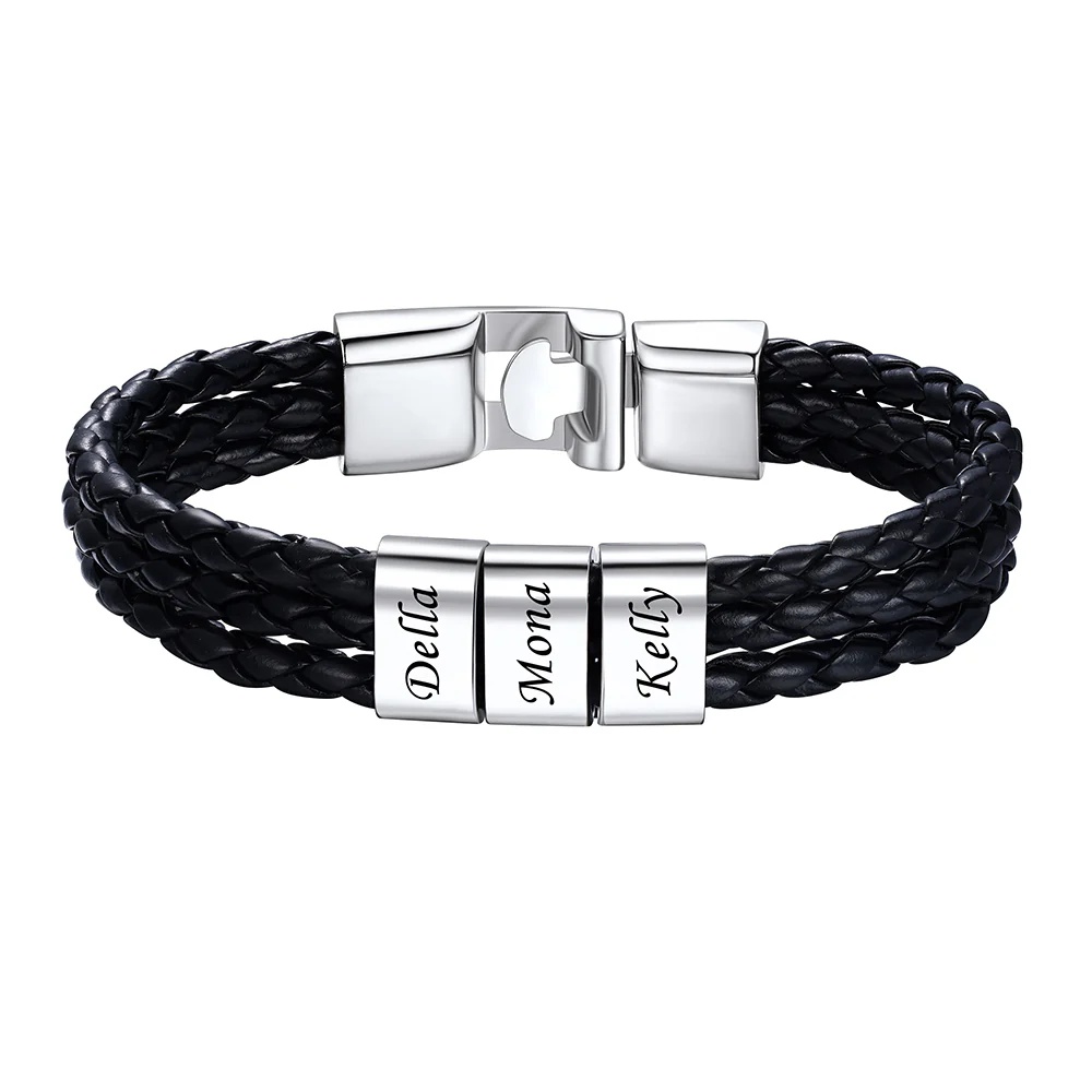 Bracelet en Cuir Homme  Personnalisé 3 Prénoms Gravé argenté
