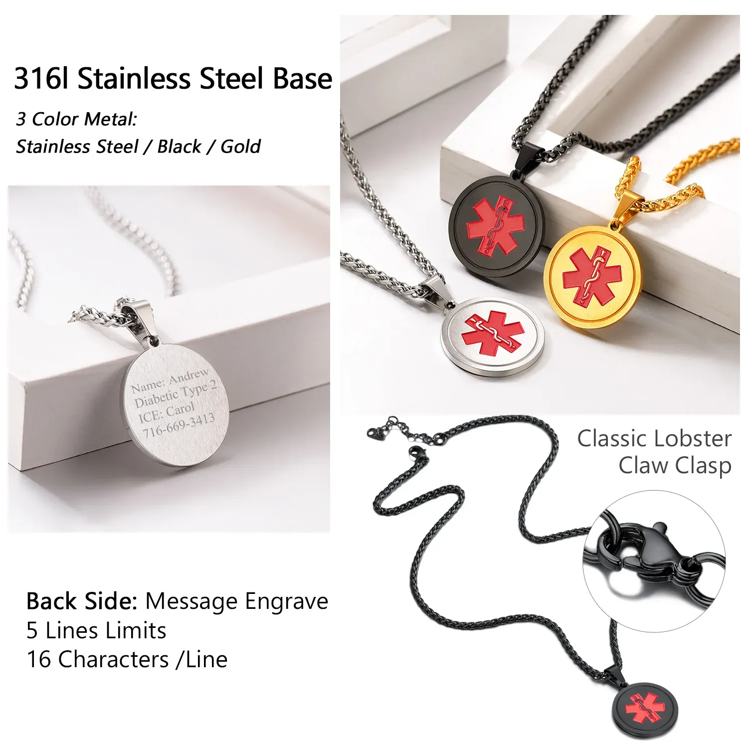 Collier Médical d'Alerte Personnalisé Détail