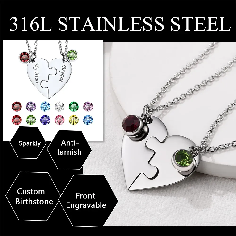 Collier Cœur Puzzle avec Pierres de Naissance Personnalisé pour Ami/Famille Matériau