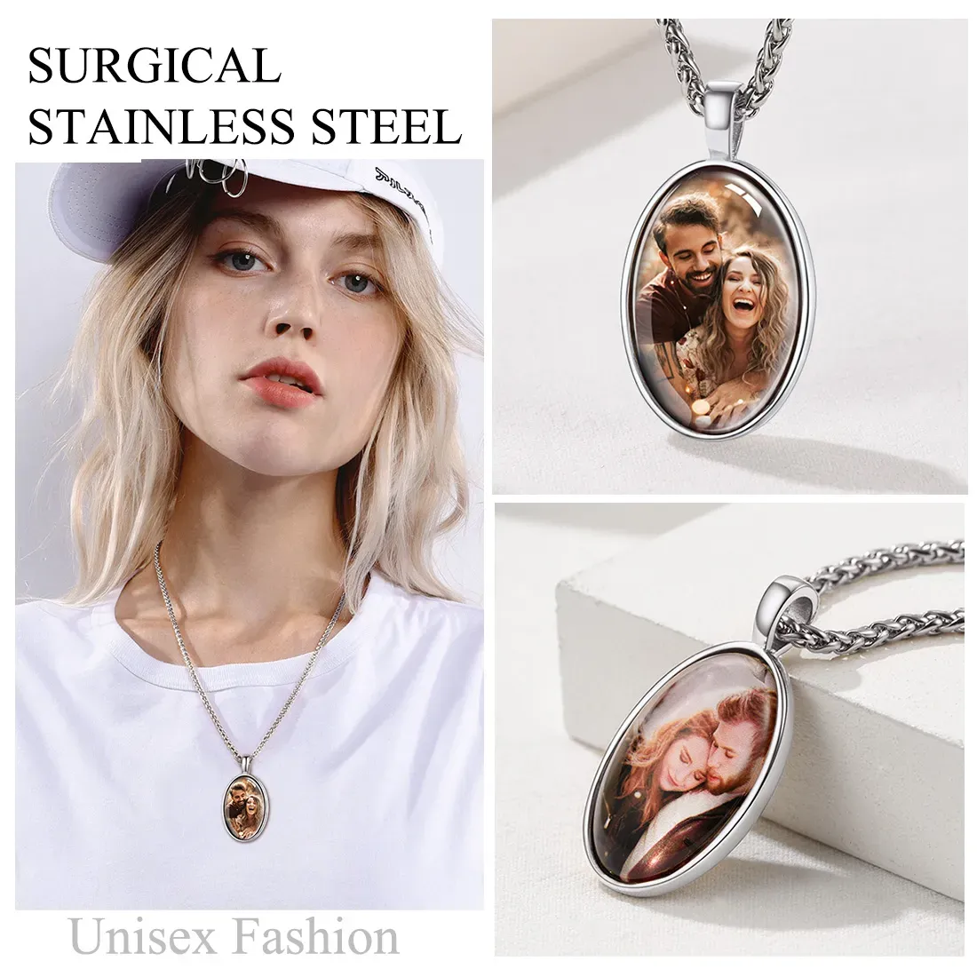 Collier Unisexe Ovale avec Photo Gravée Personnalisée 