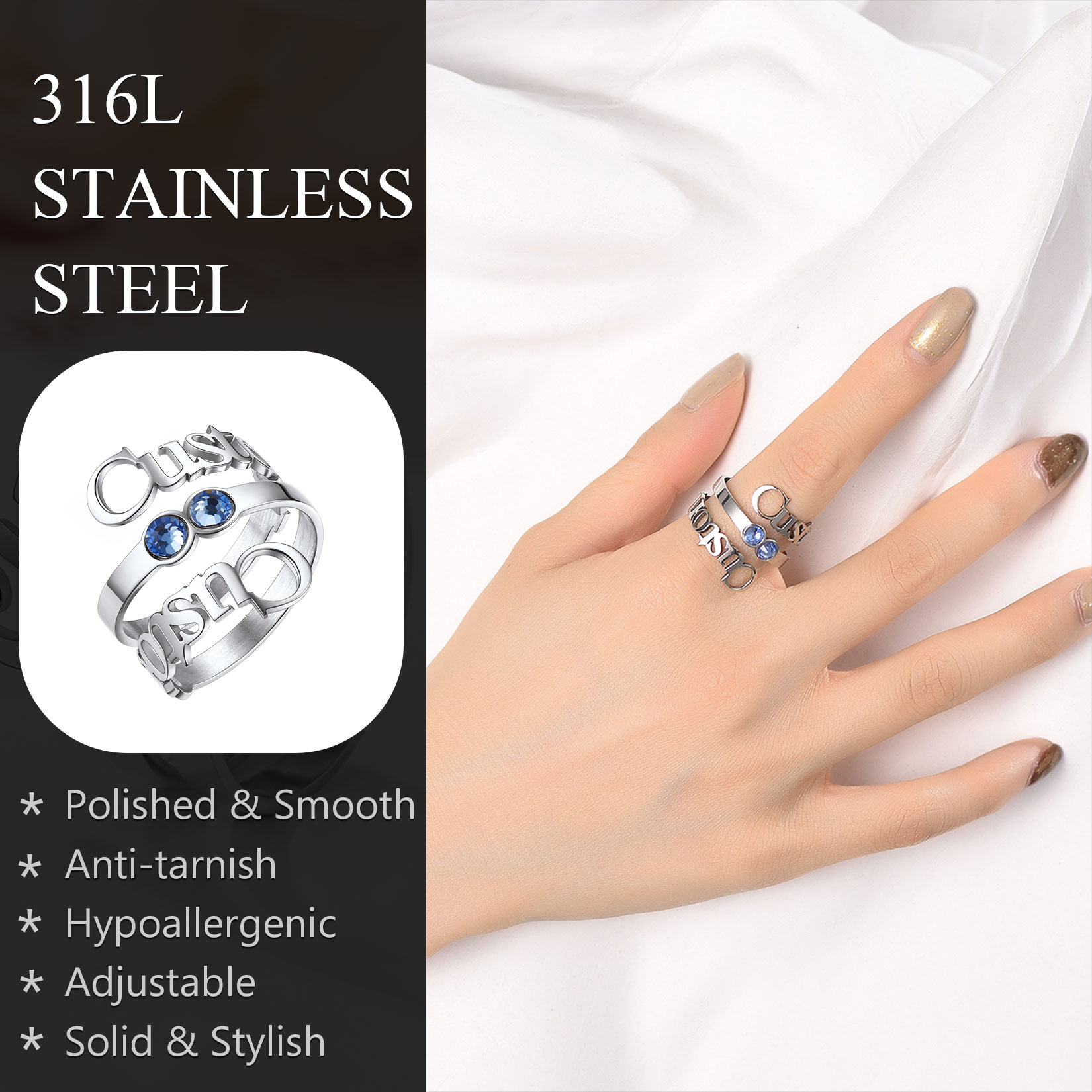 Bague Double Nom avec Pierre de Naissance Ajustable