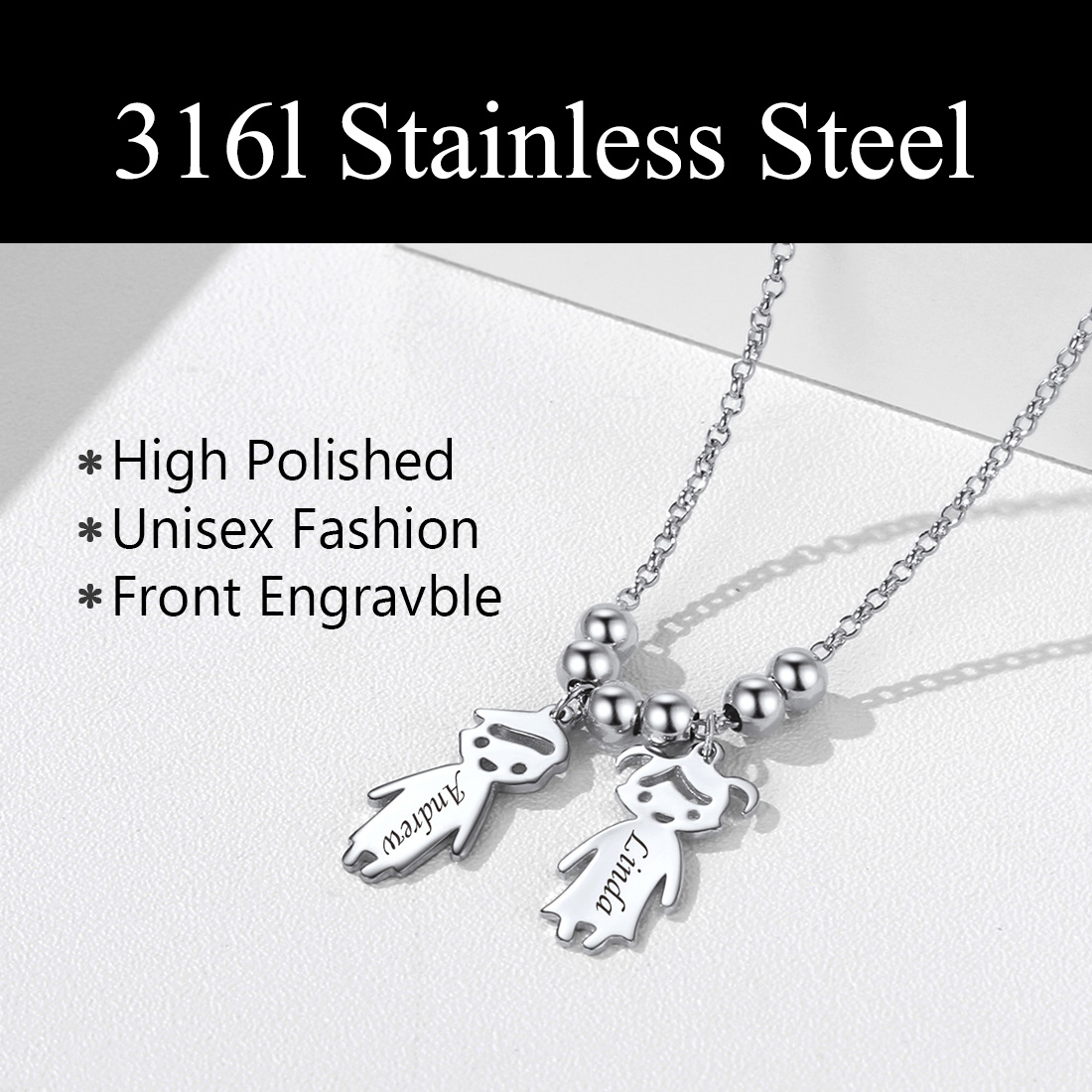  Collier Personnalisé avec Prénoms d'Enfants en Acier Inoxydable