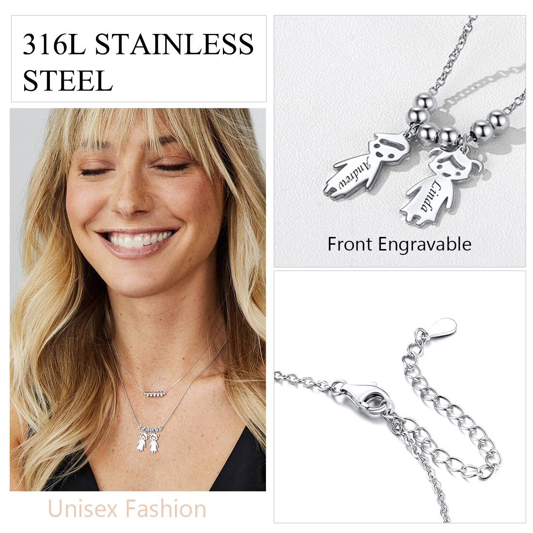  Collier Personnalisé avec Prénoms d'Enfants en Acier Inoxydable