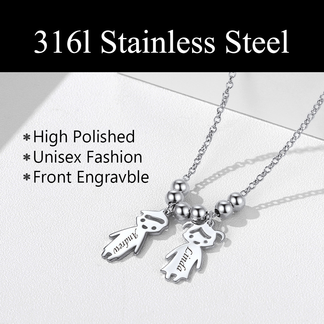  Collier Personnalisé avec Prénoms d'Enfants en Acier Inoxydable