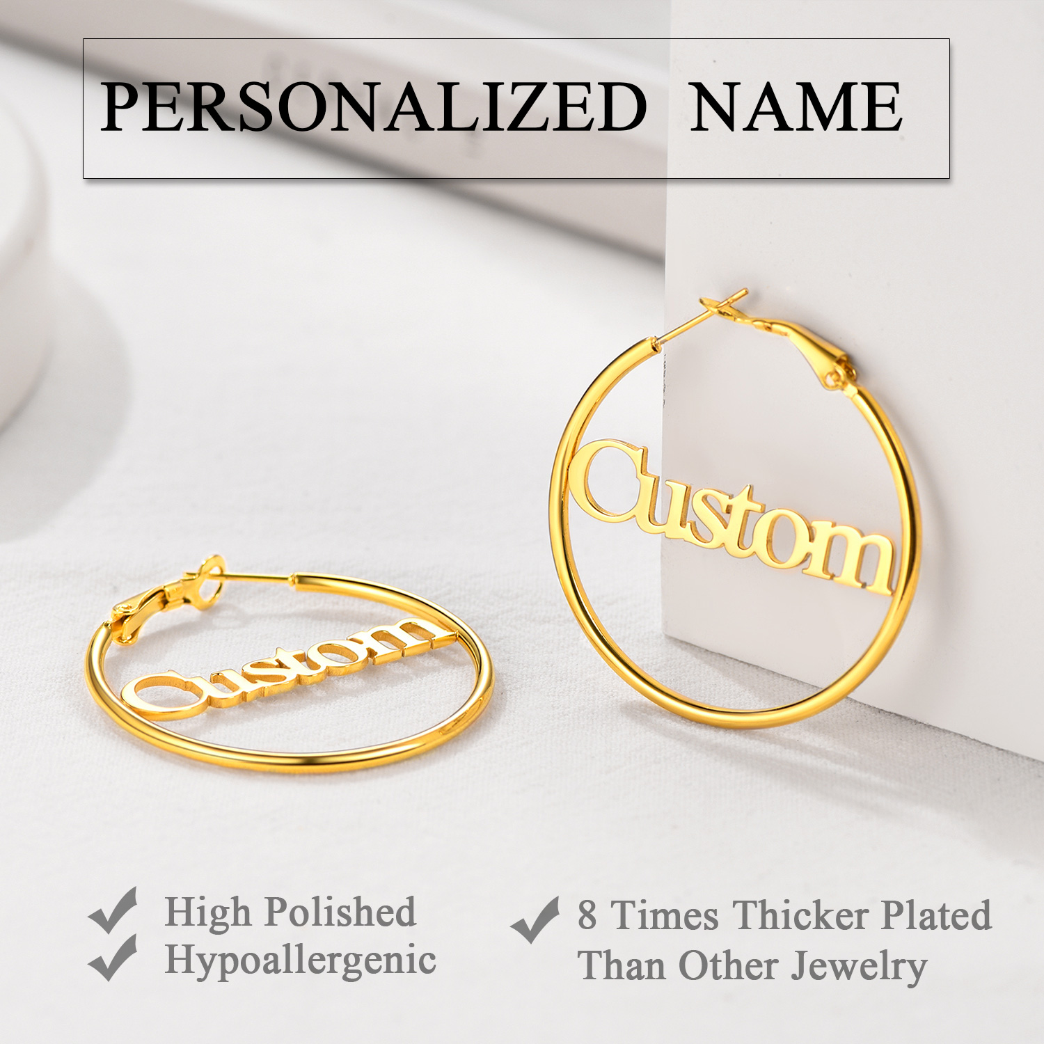 Boucles d'Oreilles Créoles Personnalisées en Acier inoxydable avec Nom Détail