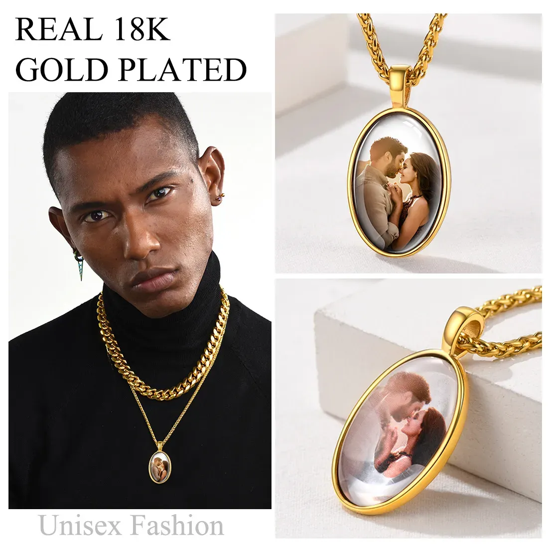 Collier Pendentif Unisexe Ovale avec Photo Gravée Personnalisée  Or