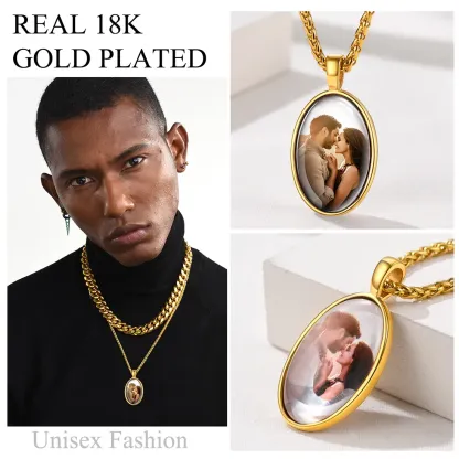 Collier Pendentif Unisexe Ovale avec Photo Gravée Personnalisée  Or