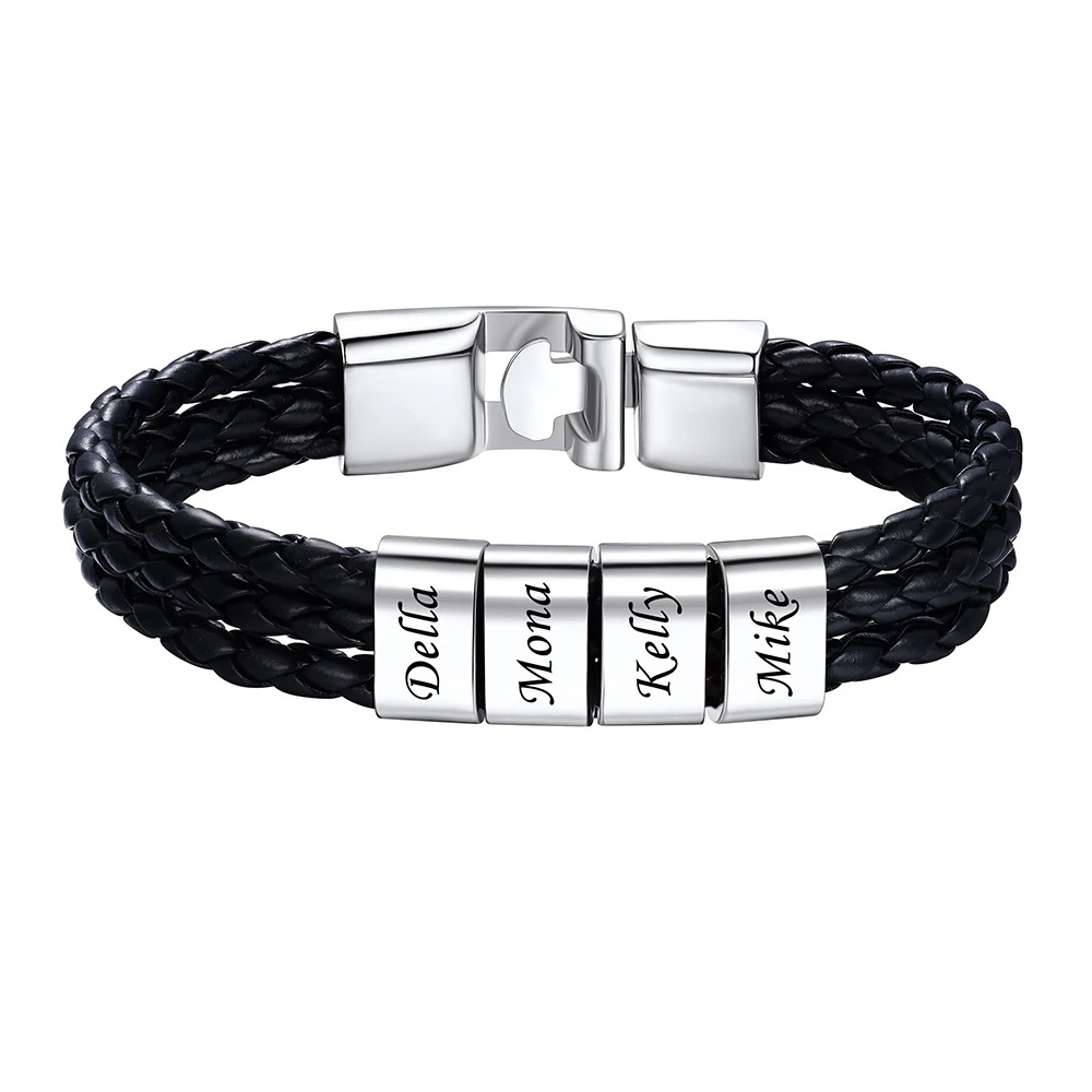 Bracelet en Cuir Homme  Personnalisé 4 Prénoms Gravé argenté