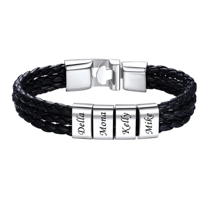 Bracelet en Cuir Homme  Personnalisé 4 Prénoms Gravé argenté