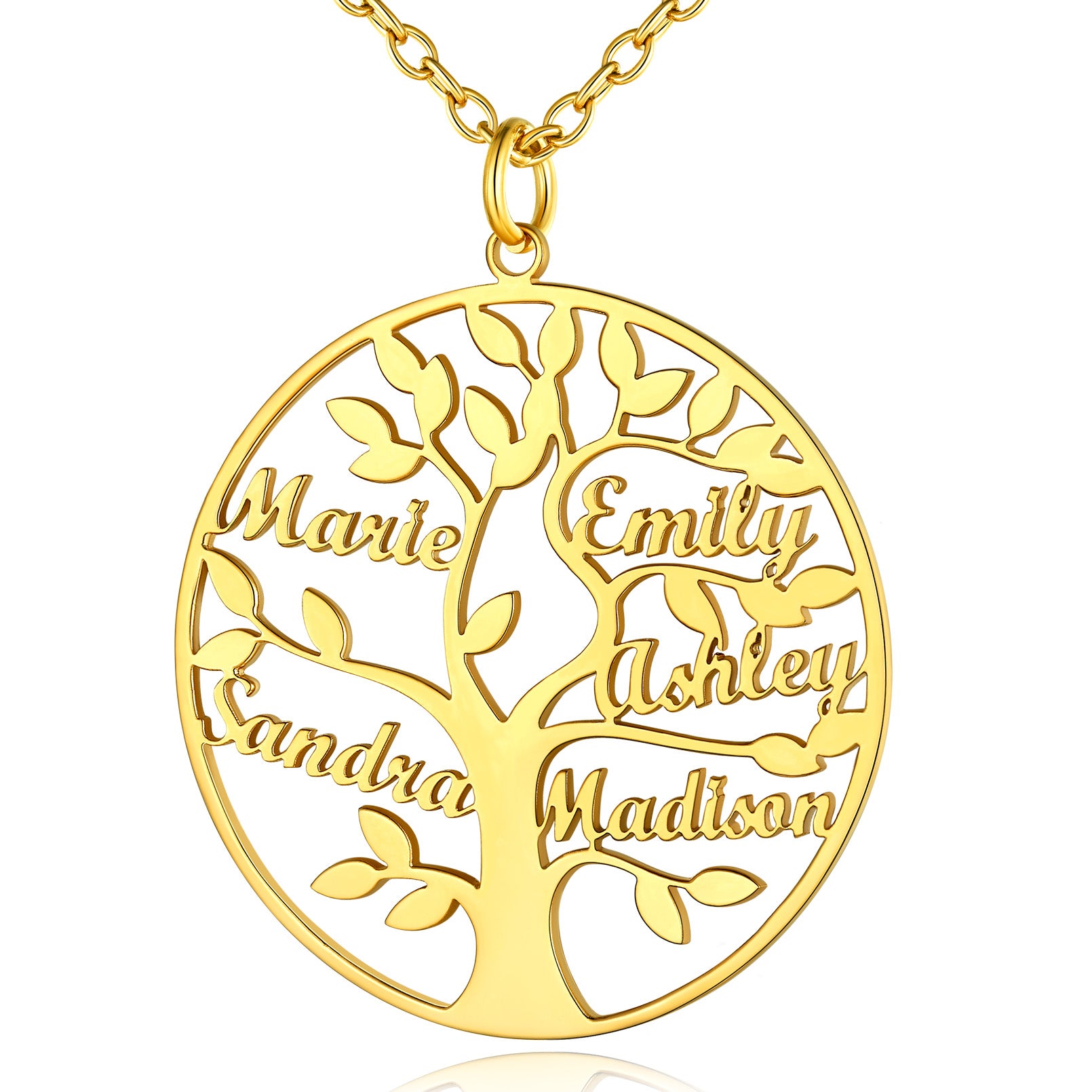 Collier Personnalisé Rond Arbre de Vie avec 5 Noms pour Famille Or