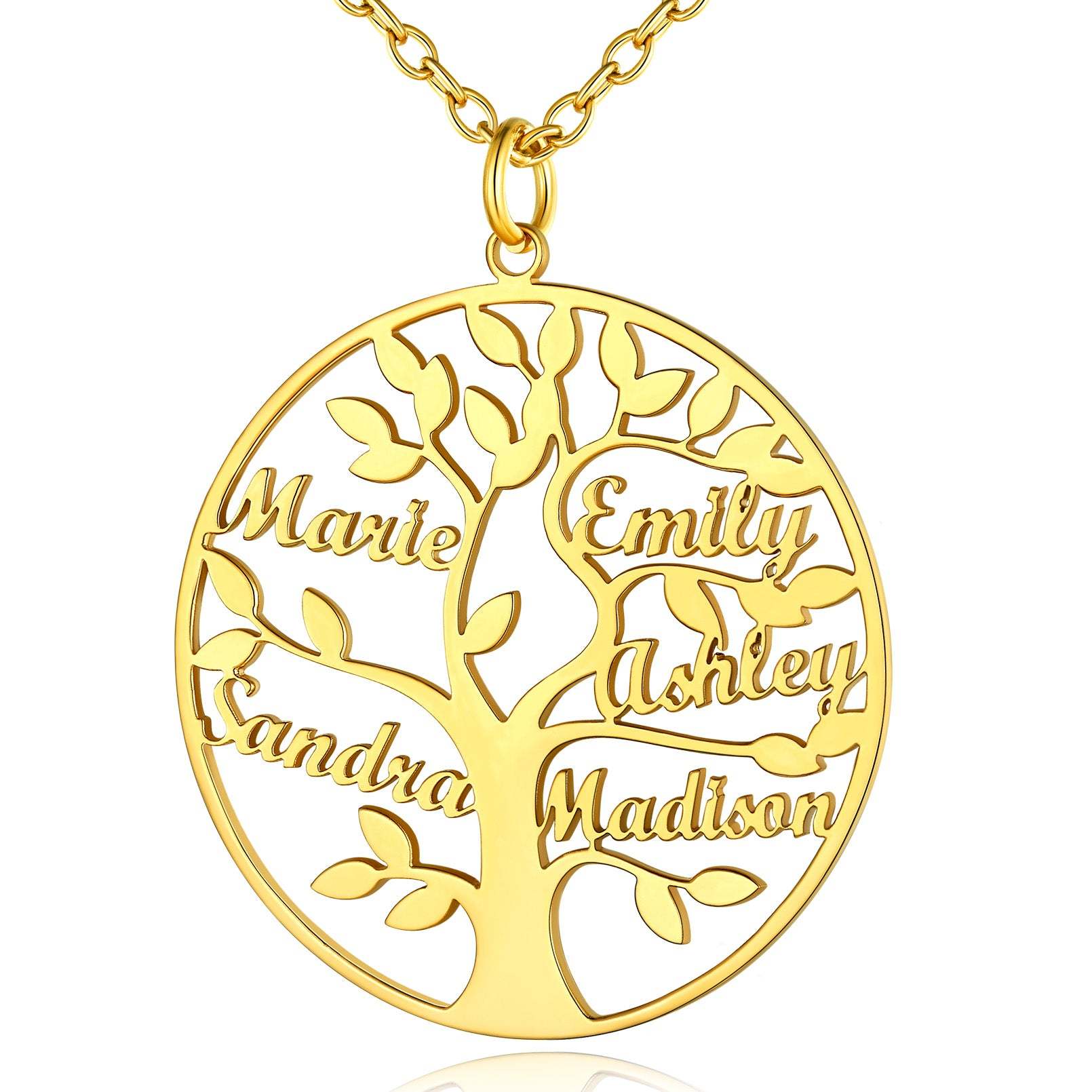 Collier Personnalisé Rond Arbre de Vie avec 5 Noms pour Famille Or