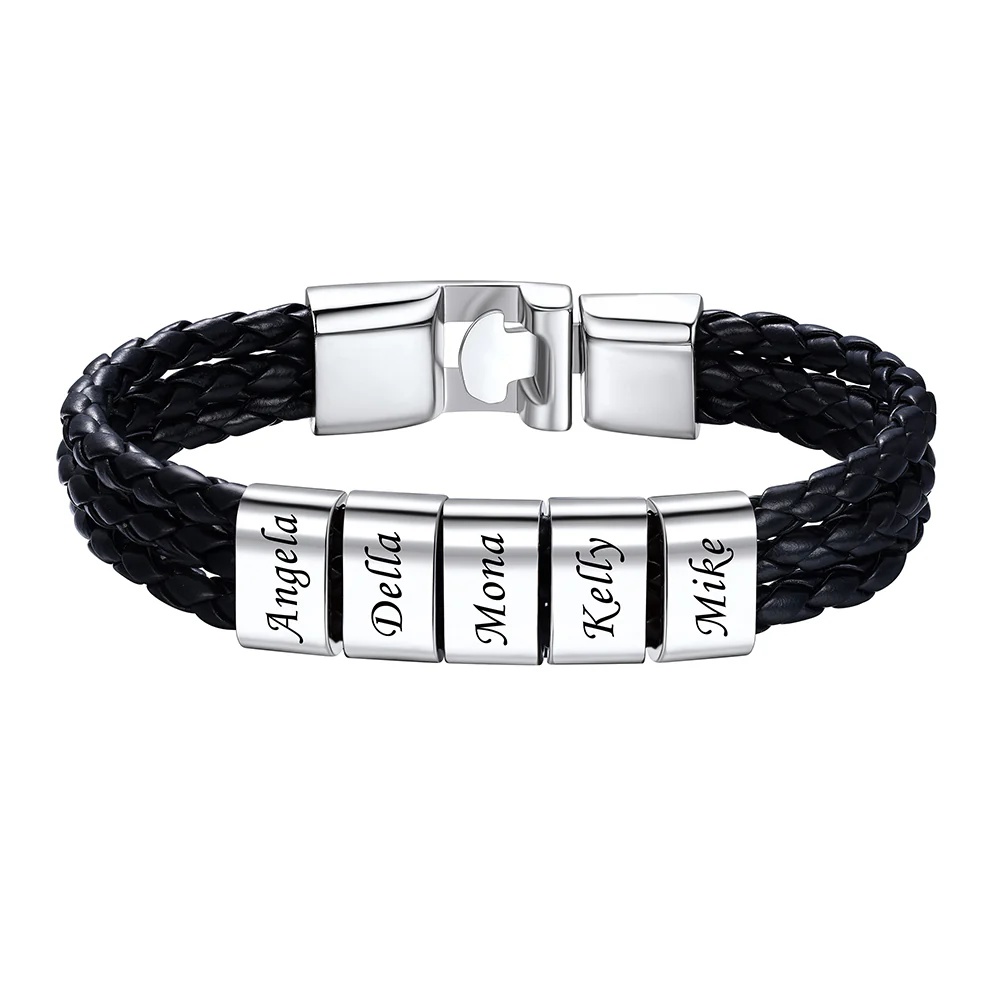 Bracelet en Cuir Homme  Personnalisé 5 Prénoms Gravé argenté