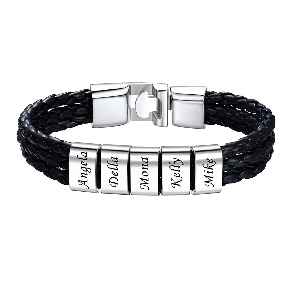 Bracelet en Cuir Homme  Personnalisé 5 Prénoms Gravé argenté