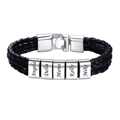 Bracelet en Cuir Homme  Personnalisé 5 Prénoms Gravé argenté