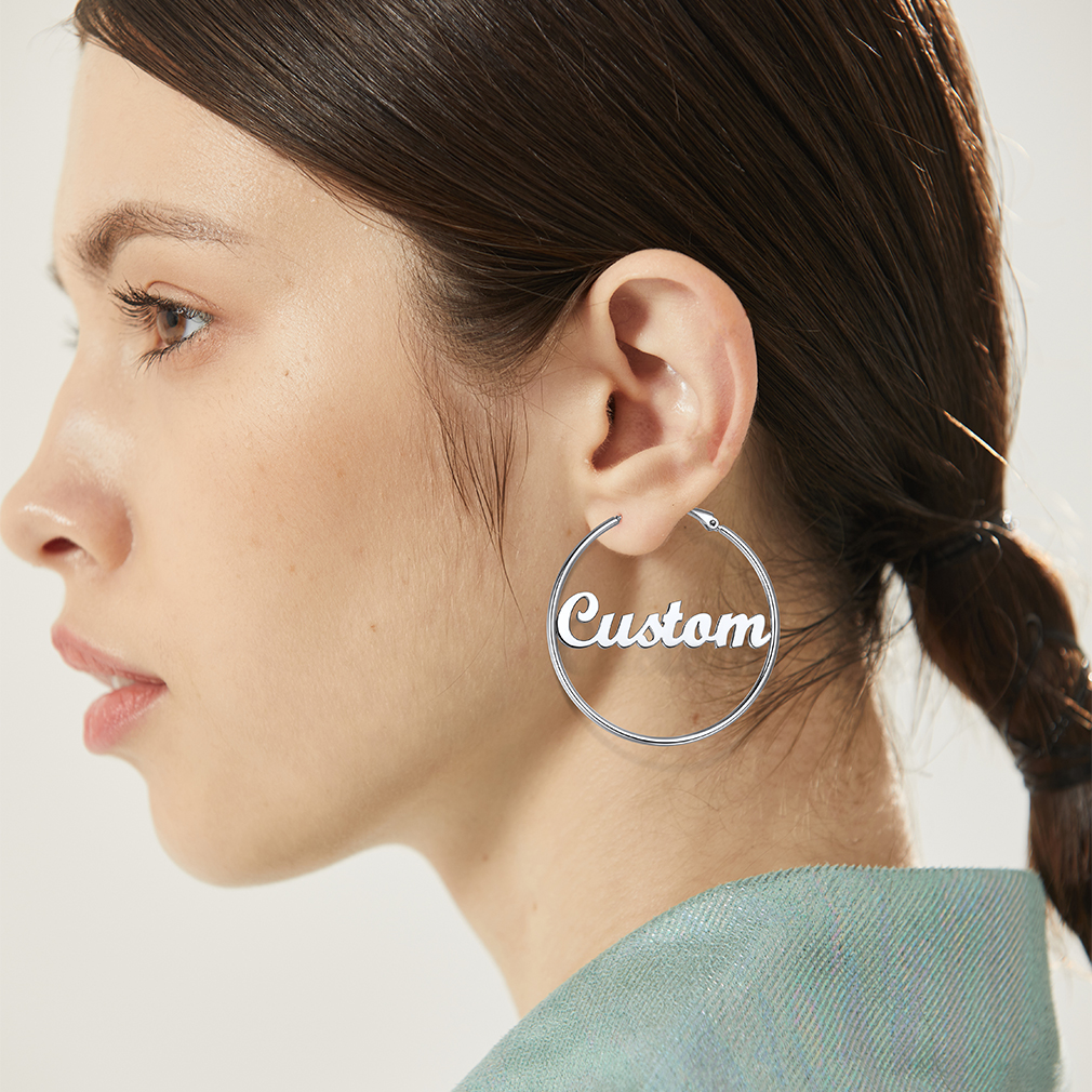 Boucles d'Oreilles Créoles Personnalisées en Acier inoxydable avec Nom Argenté 