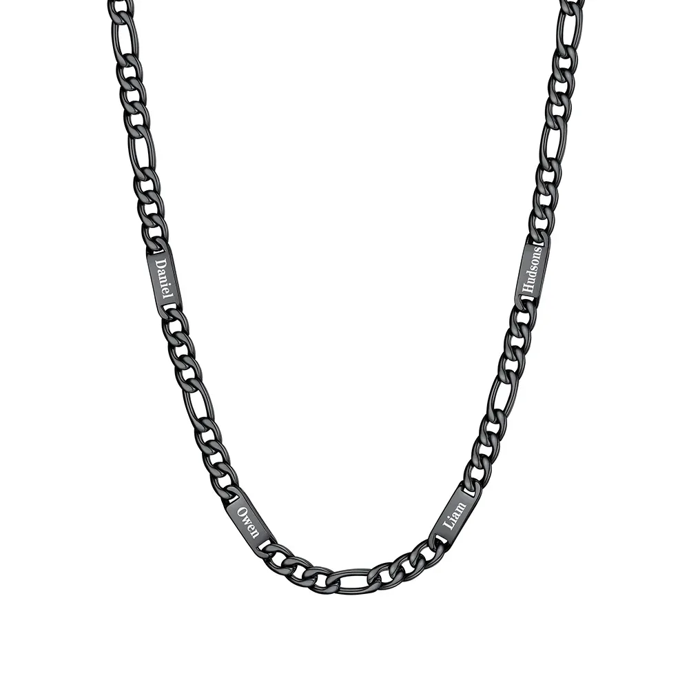 Collier 4 Prénoms noir Homme – Gravure Personnalisée