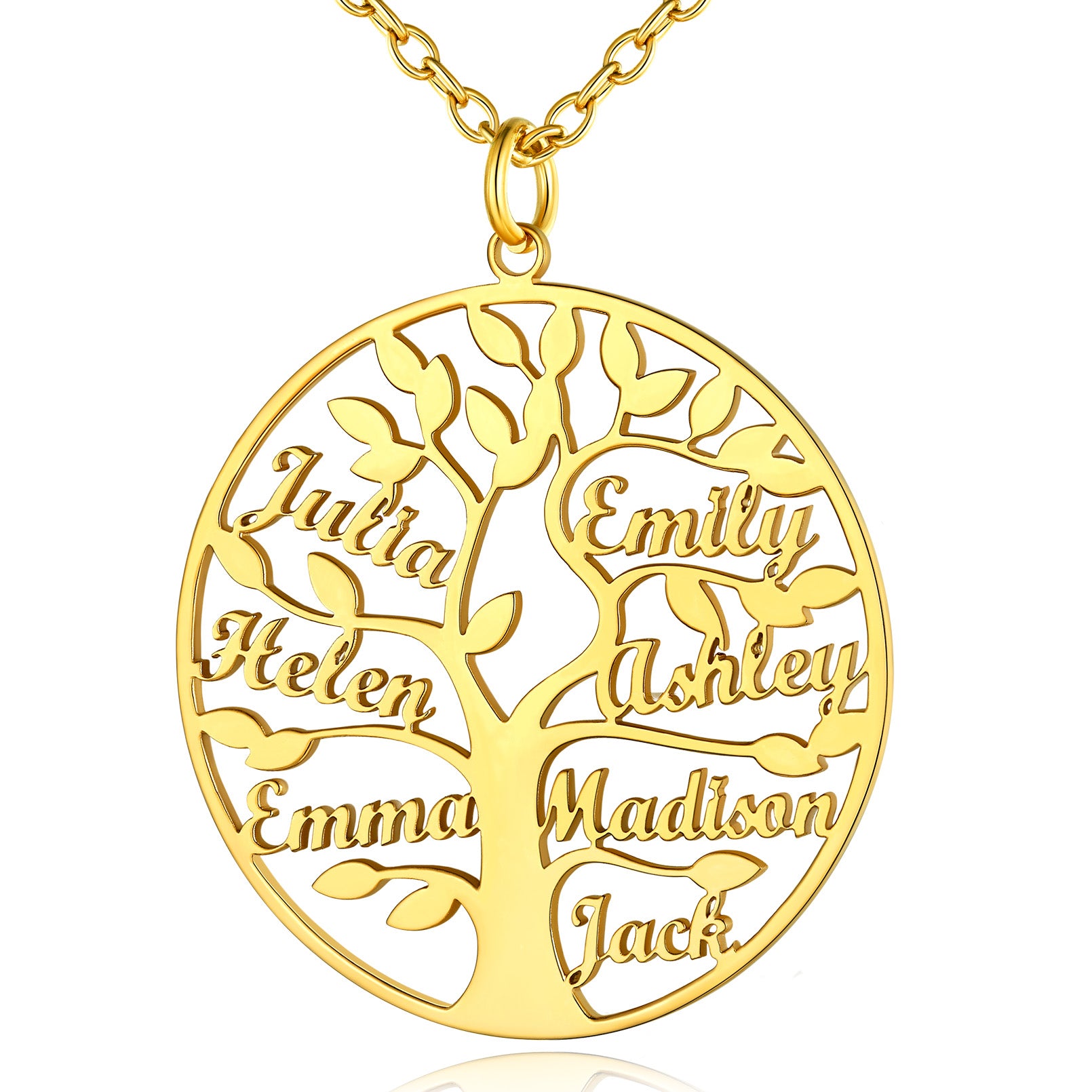 Collier Personnalisé Rond Arbre de Vie avec 7 Noms pour Famille Or