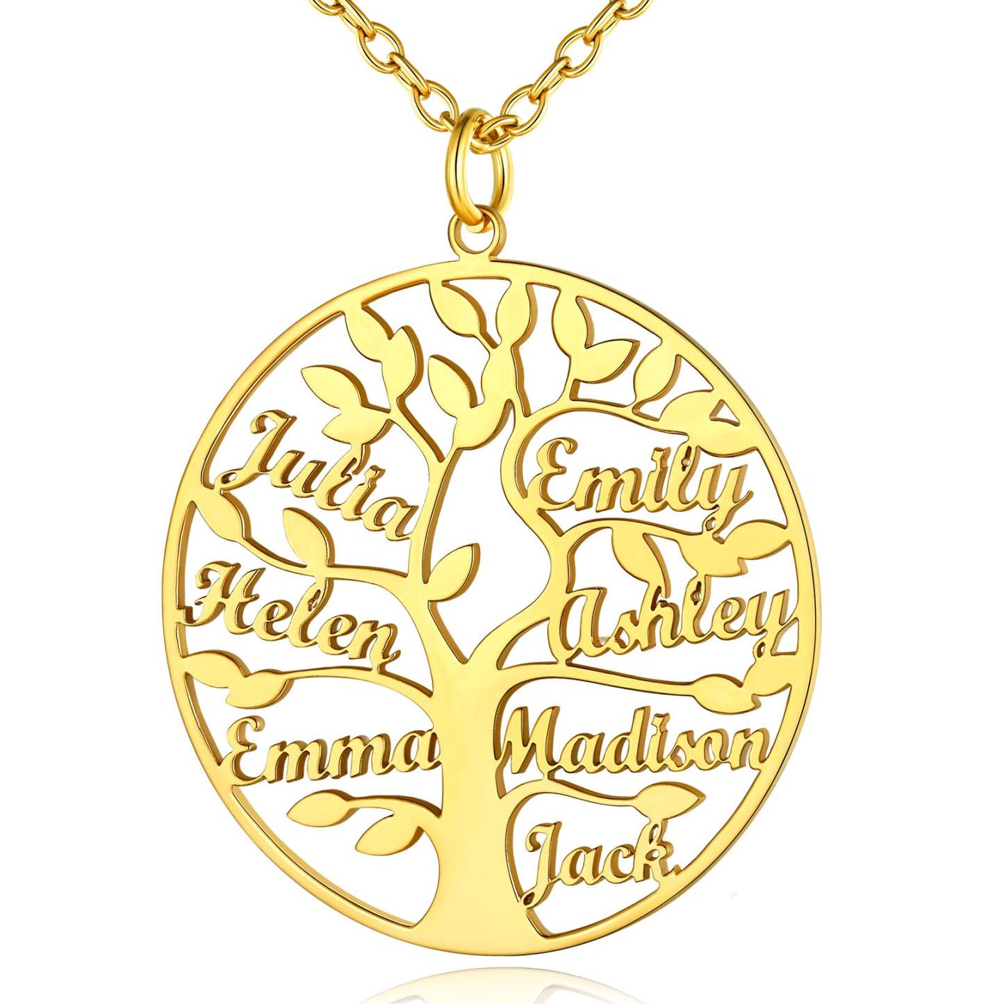 Collier Personnalisé Rond Arbre de Vie avec 7 Noms pour Famille Or
