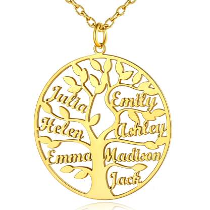 Collier Personnalisé Rond Arbre de Vie avec 7 Noms pour Famille Or