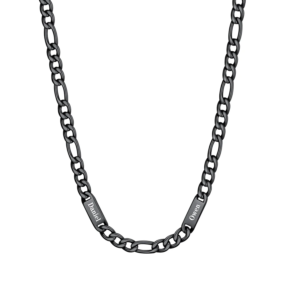 7mm 2 noms noir Collier Prénoms Homme Gravure Personnalisée