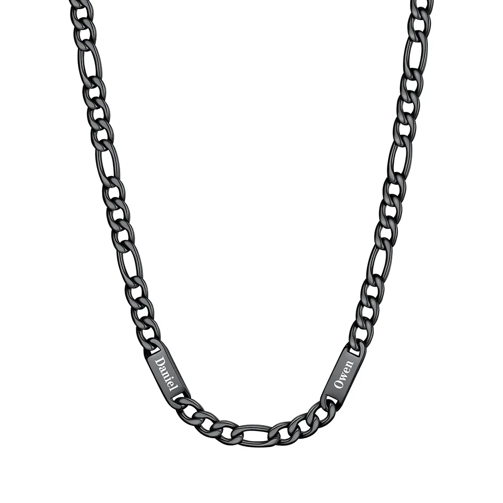 7mm 2 noms noir Collier Prénoms Homme Gravure Personnalisée