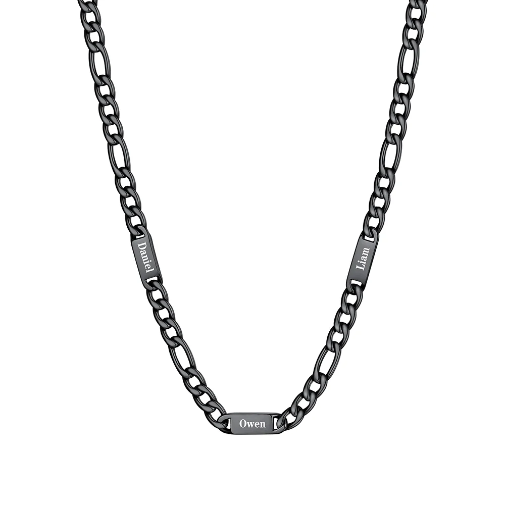 7mm 3 noms noir Collier Prénoms Homme Gravure Personnalisée