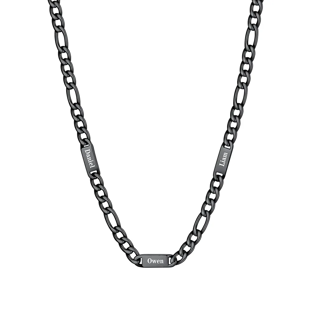 7mm 3 noms noir Collier Prénoms Homme Gravure Personnalisée