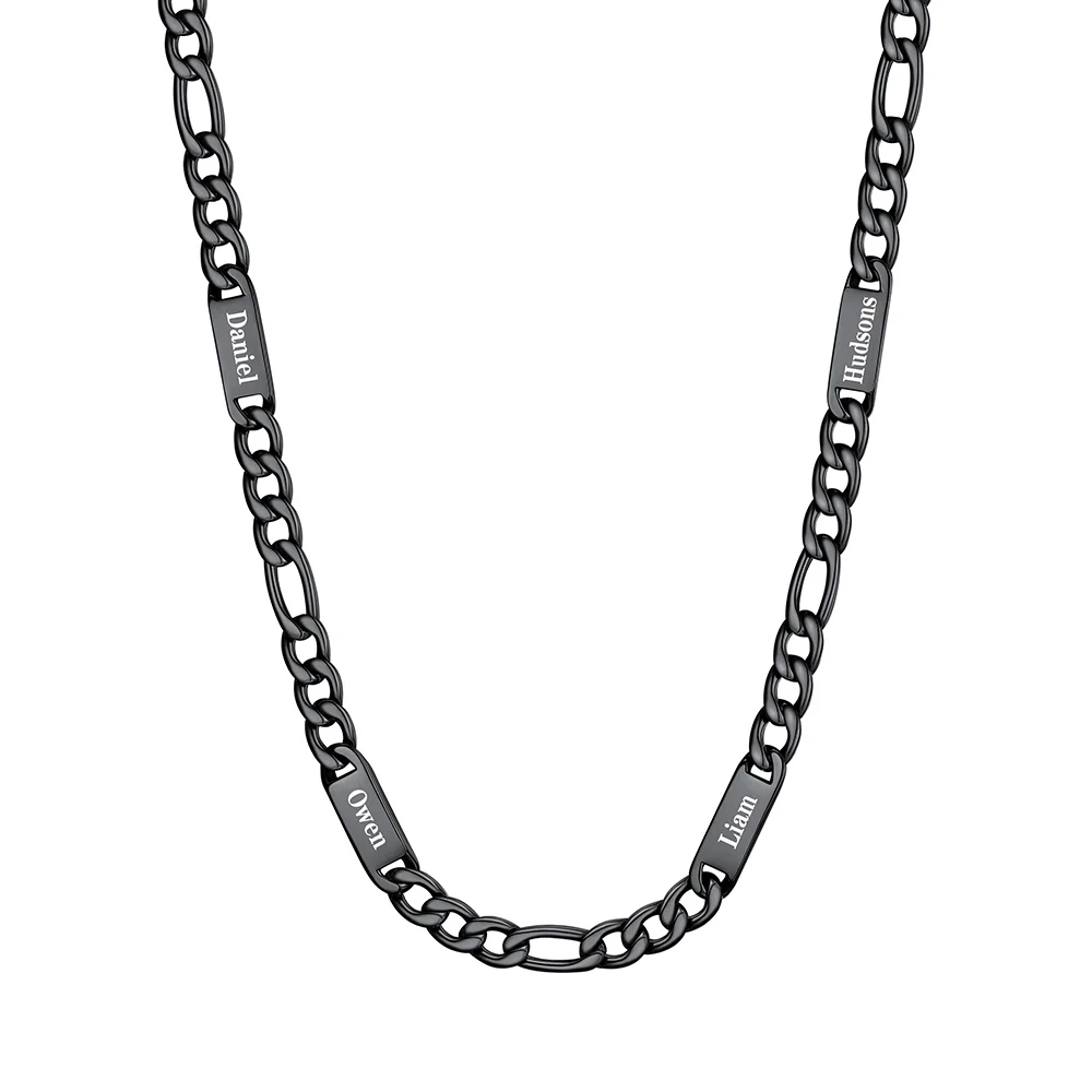 7mm 4 noms noir Collier Prénoms Homme Gravure Personnalisée