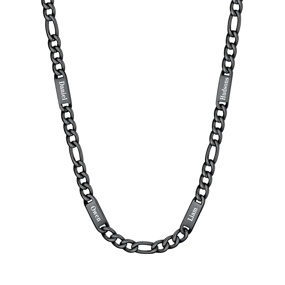 7mm 4 noms noir Collier Prénoms Homme Gravure Personnalisée