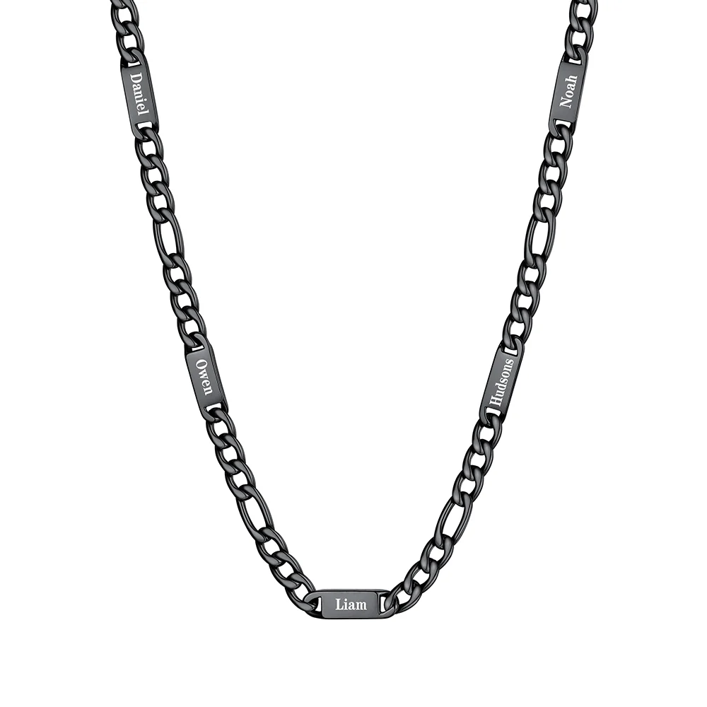 7mm 5 noms noir Collier Prénoms Homme Gravure Personnalisée