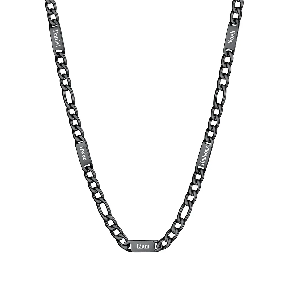 7mm 5 noms noir Collier Prénoms Homme Gravure Personnalisée