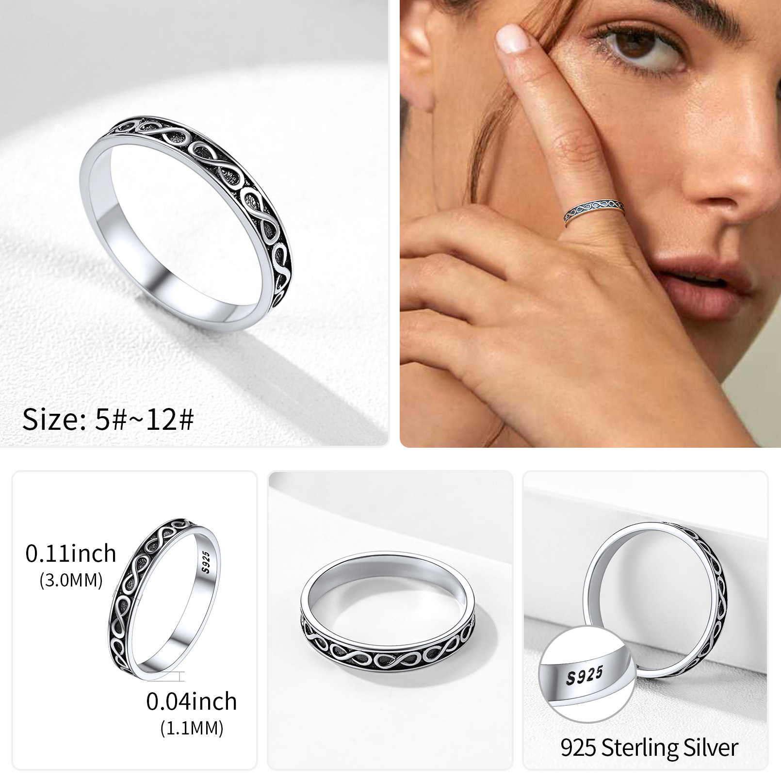 Bague Infini en Argent Sterling 925 Alliance Éternité pour Femme Détail