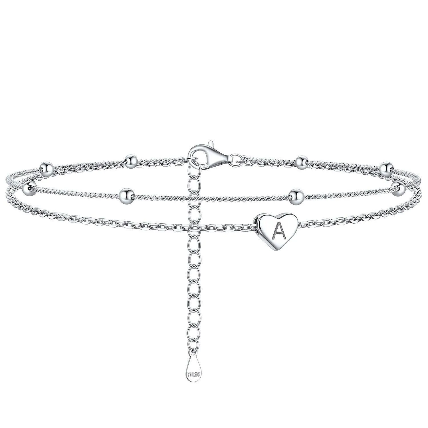 Bracelet de Cheville Personnalisé Cœur Initiale en Argent 925 Argenté
