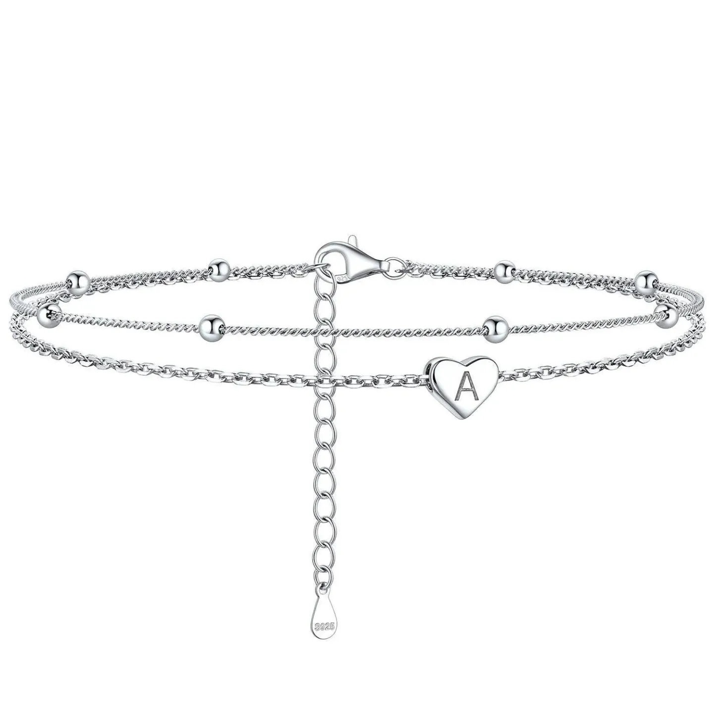 Bracelet de Cheville Personnalisé Cœur Initiale en Argent 925 Argenté