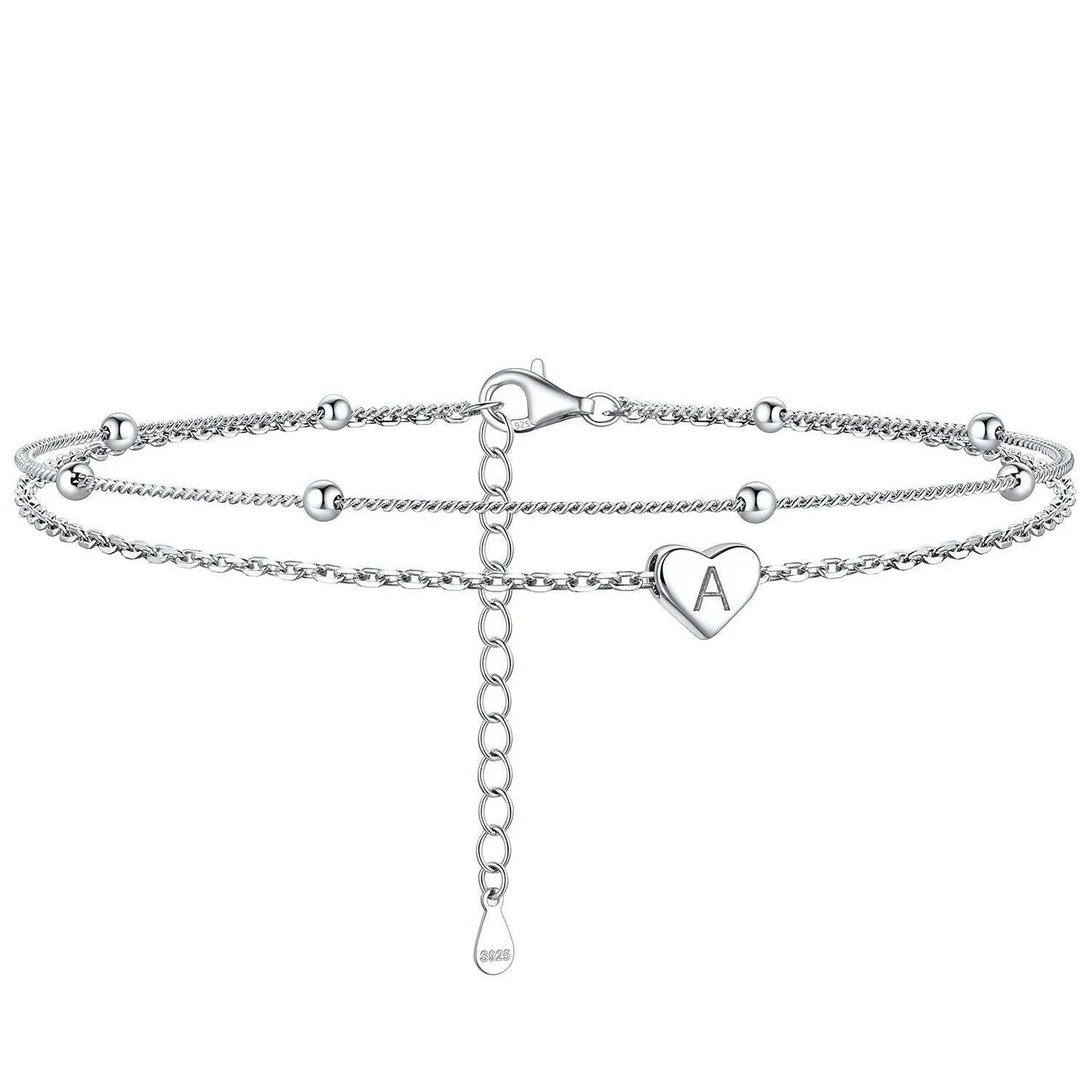 Bracelet de Cheville Personnalisé Cœur Initiale en Argent 925 Argenté