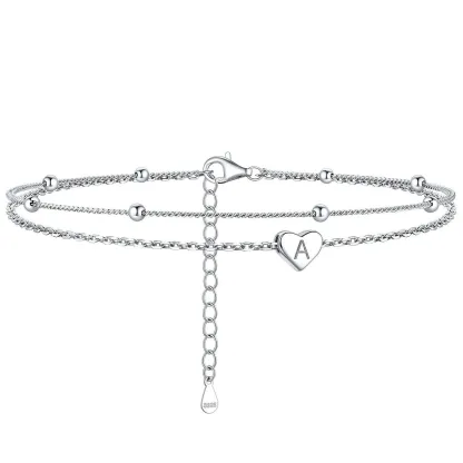Bracelet de Cheville Personnalisé Cœur Initiale en Argent 925 Argenté