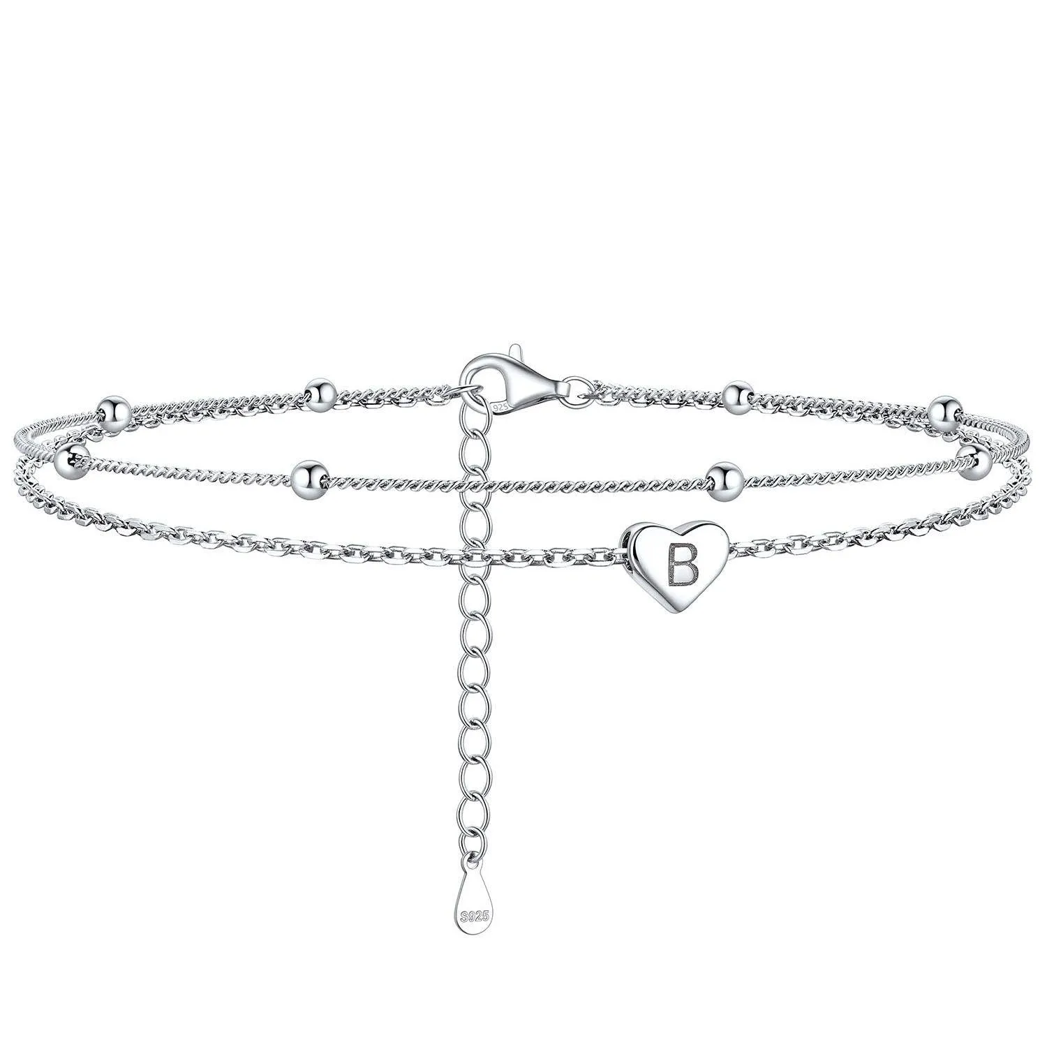 Bracelet de Cheville Personnalisé Cœur Initiale en Argent 925 B