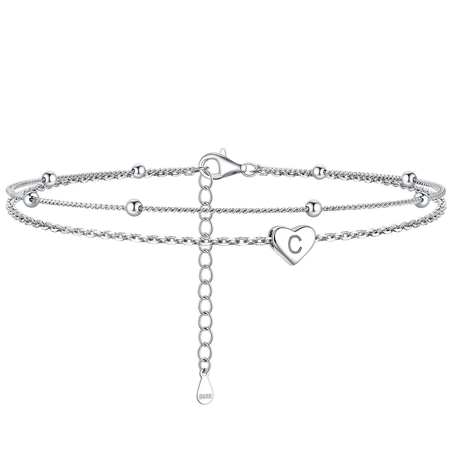 Bracelet de Cheville Personnalisé Cœur Initiale en Argent 925 C