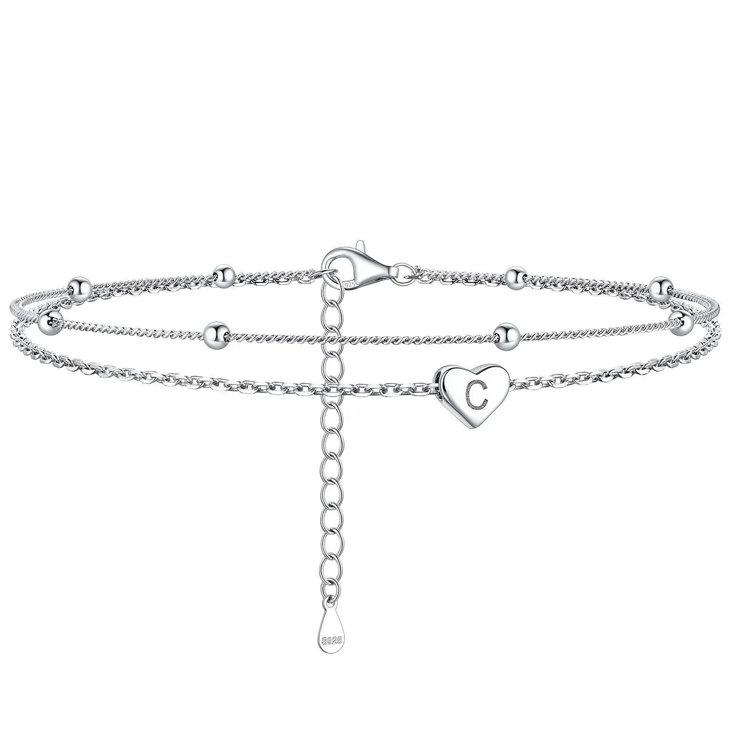 Bracelet de Cheville Personnalisé Cœur Initiale en Argent 925 C