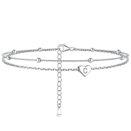 Bracelet de Cheville Personnalisé Cœur Initiale en Argent 925 C