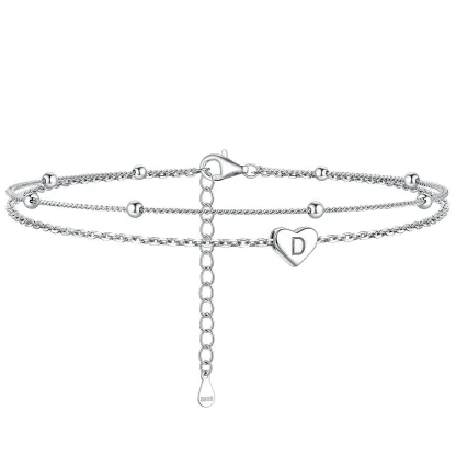 Bracelet de Cheville Personnalisé Cœur Initiale en Argent 925 D